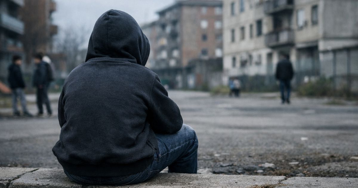 Povertà educativa: un ragazzo di spalle da solo in un piazzale