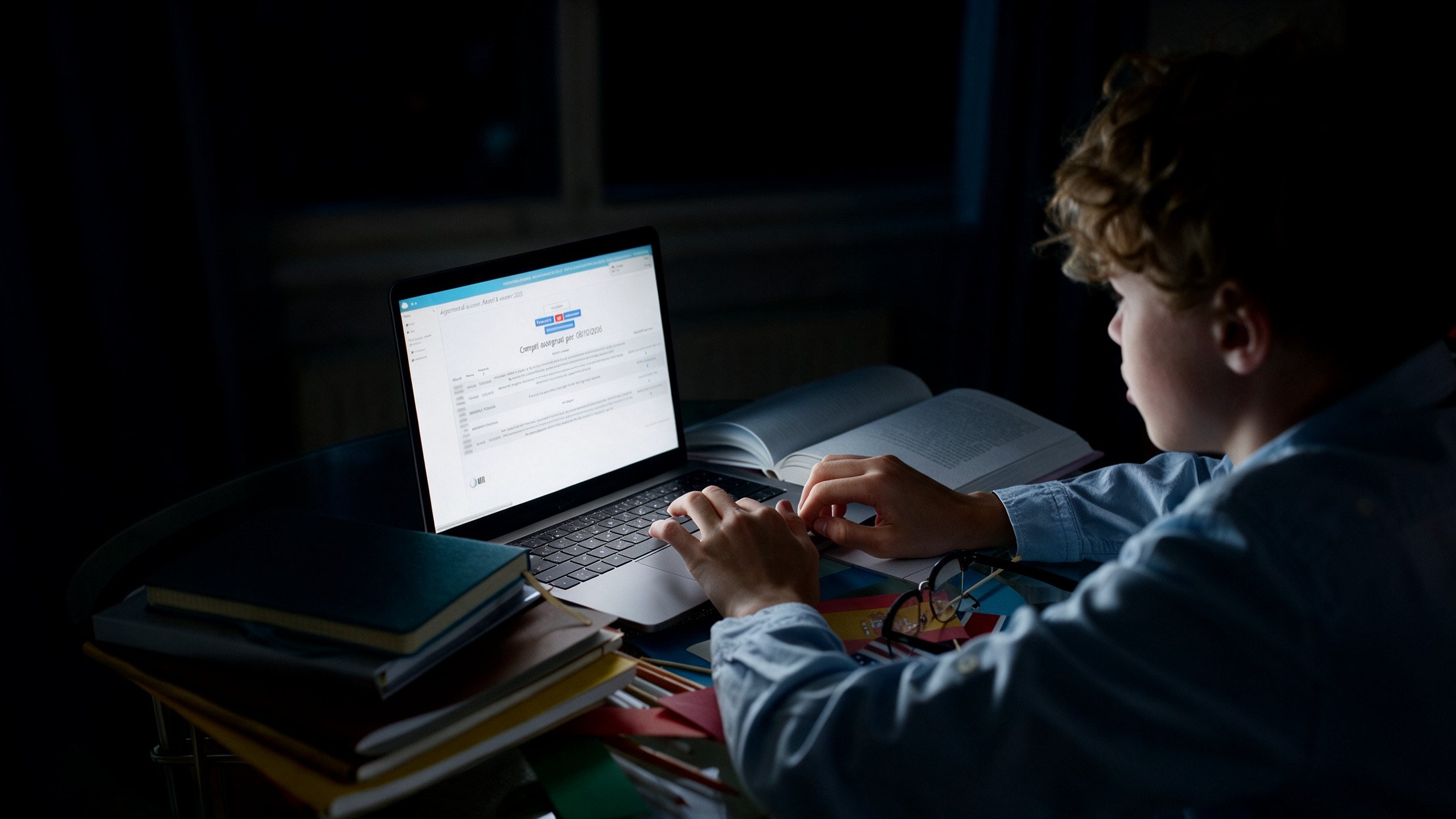 Diritto alla disconnessione: un ragazzo difronte al computer con il registro elettronico di notte