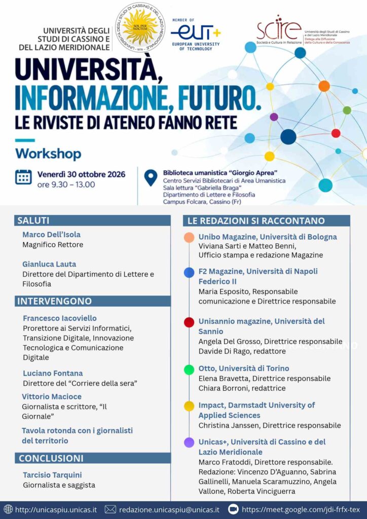 Workshop Unicas Universita informazione futuro 30 ottobre, locandina